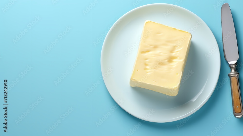 Top view of butter and knife in a clean backdrop with a big copy space, Generative AI.