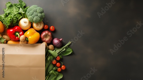 Top view of fresh vegetables in paper bag in a black surface with a big copy space, Generative AI.