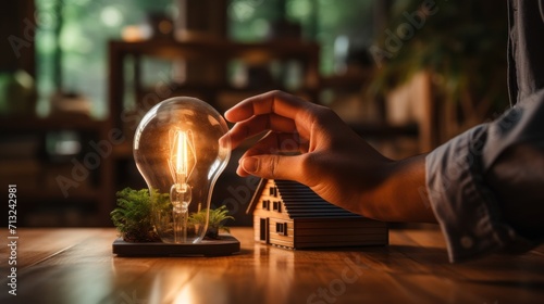 Sustainable living vision wooden house and light bulb UHD wallpaper