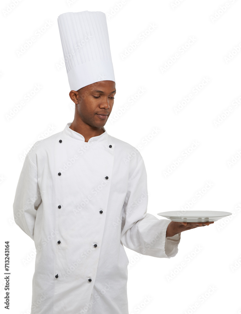 Man, chef and empty plate presentation in studio isolated on a white background mockup space. African waiter, cooking and show dish in catering service, professional advertising menu and gastronomy Man, chef and empty plate presentation in studio isolated on a white background mockup space. African waiter, cooking and show dish in catering service, professional advertising menu and gastronomy