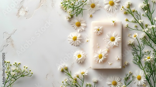 Top view of handmade white chamomile white soap with flowers against a clean backdrop, Generative AI.