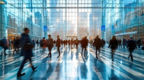 Dynamic Motion Blur. Blurred Business People Walking at a Modern Trade Fair or Conference
 photo
