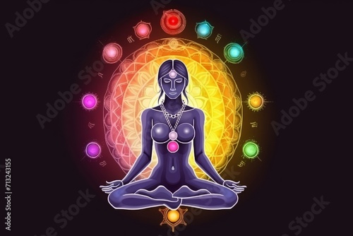 A woman in yoga meditation with seven chakras and Yin Yang symbols. Chakras set muladhara  swadhisthana  manipura  anahata  vishuddha  ajna  sahasrara