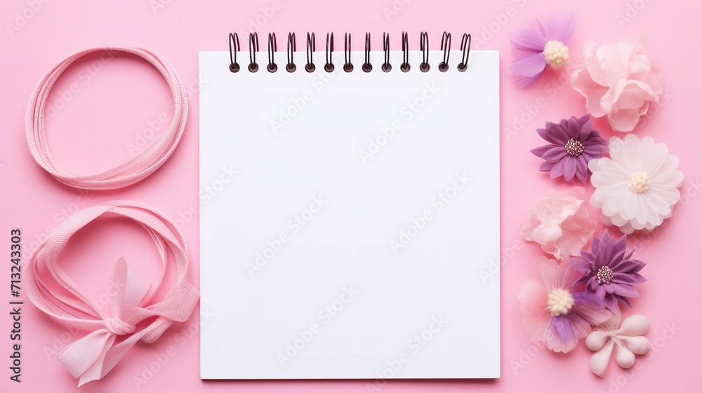Top view of pink backdrop with a blank white notebook and a copy space, Generative AI.