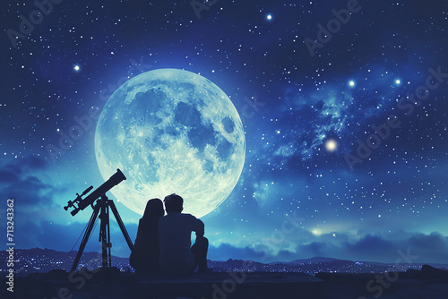 A couple stargazing at the moon through a telescope on a rooftop