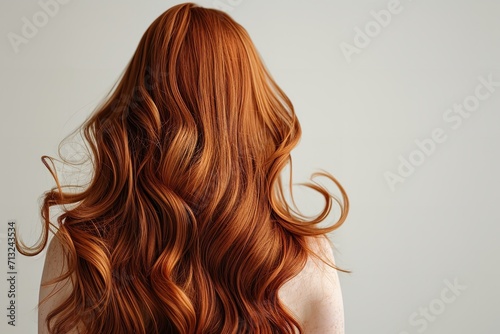 Viewed from behind, long red hair flows in naturally developing waves, space, Generative AI. photo