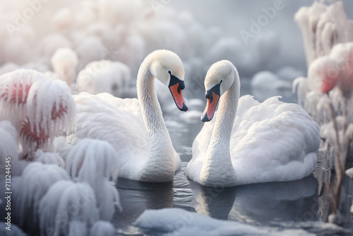 Ttwo swans create a heart-shaped moment on a tranquil lake. Majestic and graceful  their bond symbolizes the beauty of natural devotion