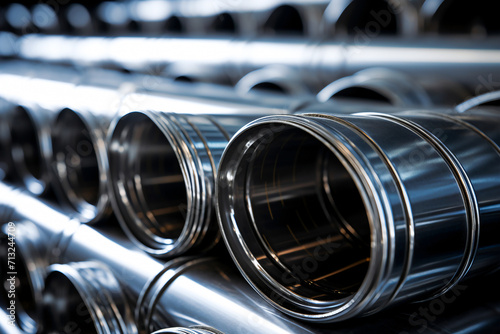 Gleaming chrome pipes and steel supplies neatly arranged in a logistics facility. Shiny materials ready for manufacturing photo
