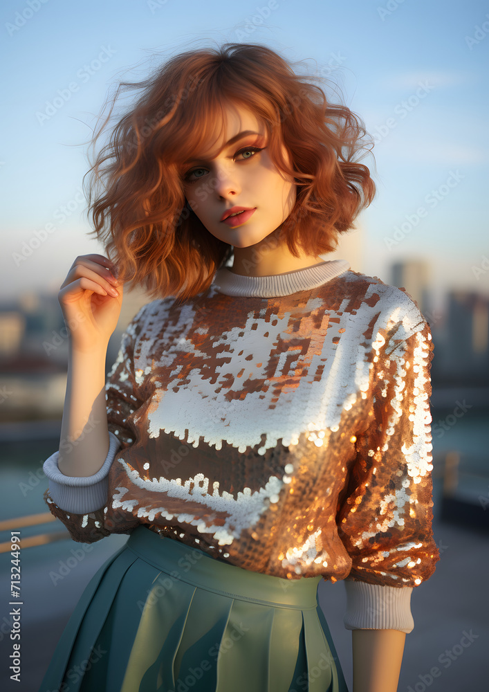 girl with wet hair in a soft mohair sweater and a skirt made of large shining sequins against the backdrop of the city, morning light, pastel colors