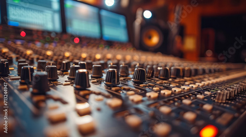 A close up view of sound mixer console in a recording studio photo