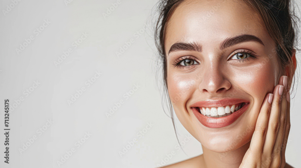 Portrait of beautiful woman with natural make up touching her face. Beauty young woman with fresh clean perfect skin. Skin care concept. Cosmetology, beauty and spa. Facial treatment. Natural skin. - obrazy, fototapety, plakaty 