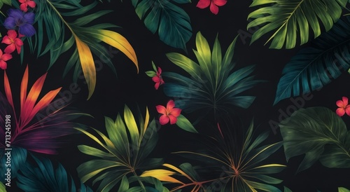 Tropical leaves and flowers in the night style for men s prints. Seamless vector jungle wallpaper pattern black background  generative  AI