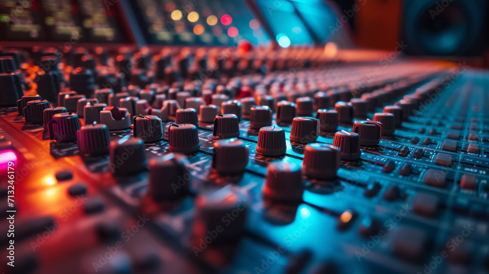 A close up view of sound mixer console in a recording studio A close up view of sound mixer console in a recording studio