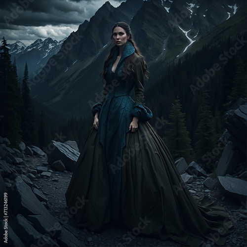 Fashion portrait of a young woman in fantasy dress in surreal settings. Ideal for fashion concepts, floral arrangements, beauty, elegance, and artistic designs.