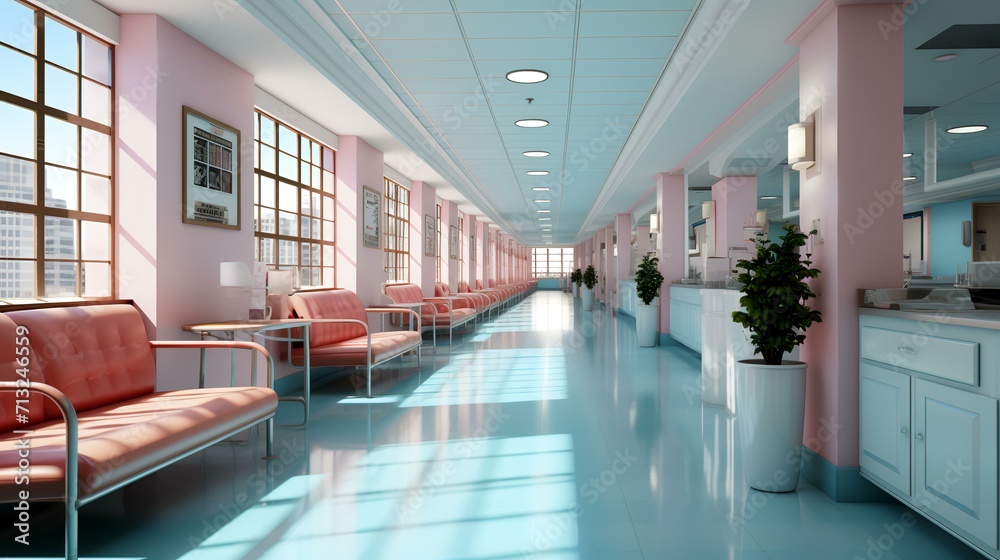 Long Hospital Bright Corridor with Rooms and Signs

