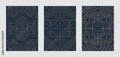 Set of vector A4 art deco templates for flyers, posters, brochures, magazine, package, product, poster, wallpapers, and others. Luxury gold line abstract design.