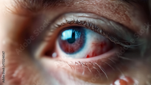 Afflizione Oculare- Dettaglio Ravvicinato di una Persona Che Soffre di Congiuntivite con Occhio Infiammato II photo