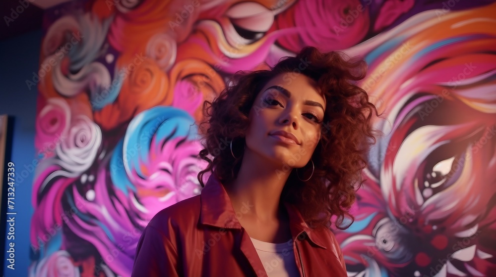 Woman Standing in Front of Colorful Wall, Vibrant Urban Setting and Fashion, Women Day Woman Standing in Front of Colorful Wall, Vibrant Urban Setting and Fashion, Women Day