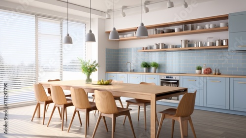 Table lighting blue cabinets in an open kitchen UHD wallpaper © Murtaza03ai