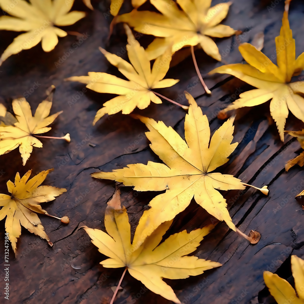 Autumn leaves on a dark wooden background. Yellow maple leaves.