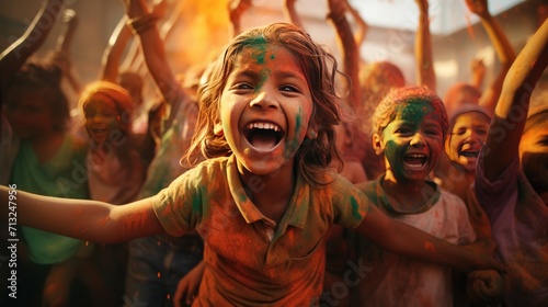 Children Excitedly Raising Hands in Group Photo, Holi