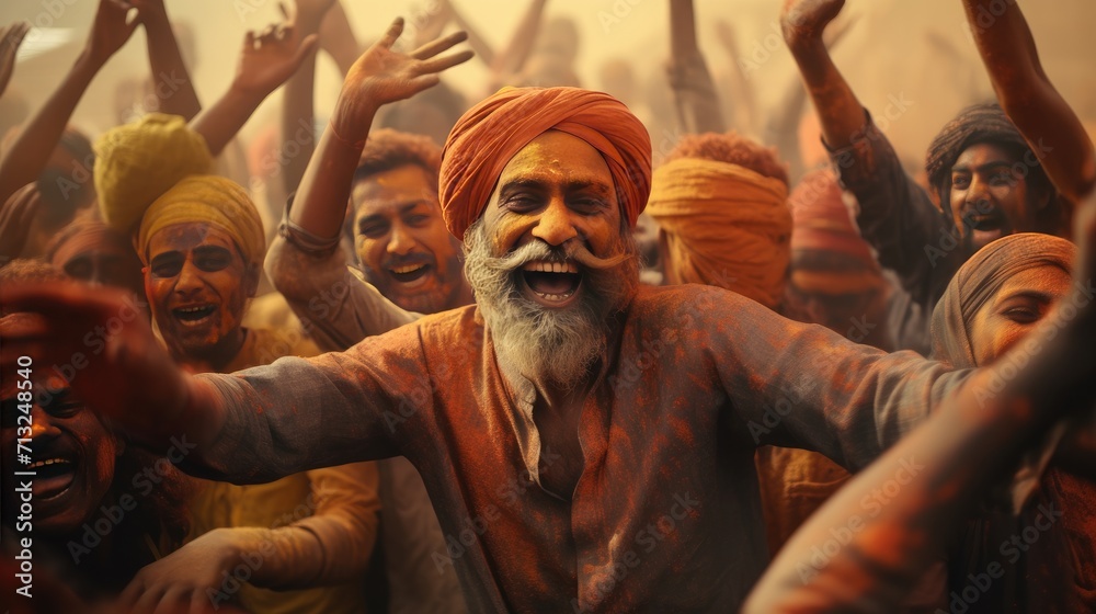 Man Celebrating as Colored Powder Surrounds Him in the Air, Holi Man Celebrating as Colored Powder Surrounds Him in the Air, Holi