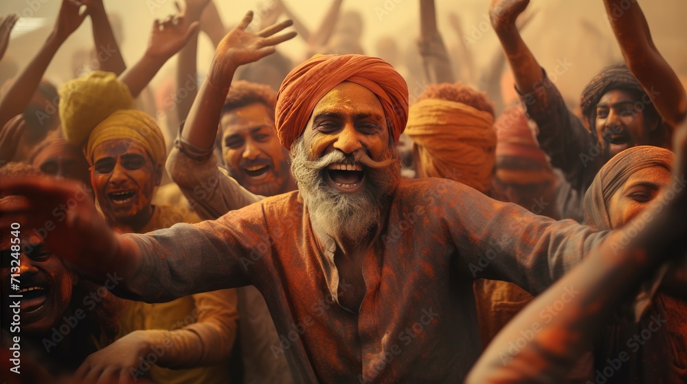 Man Celebrating as Colored Powder Surrounds Him in the Air, Holi