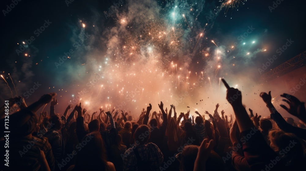 Crowd at Concert With Hands Raised in Excitement, Music Festival Entertainment,Happy New Year Crowd at Concert With Hands Raised in Excitement, Music Festival Entertainment,Happy New Year