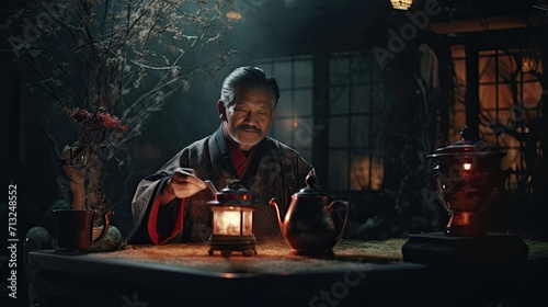 Man Sitting at Table With Lantern in Dimly Lit Room, Chinese new year
