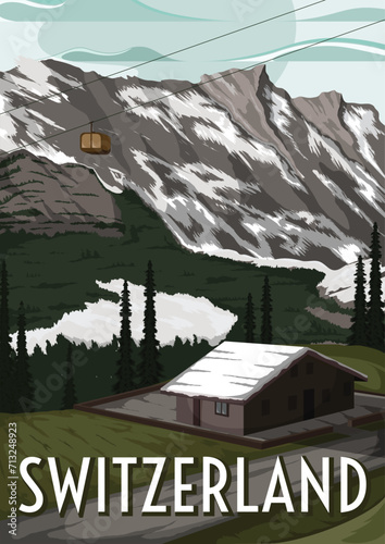 Winter in switzerland poster illustration. Village in switzerland in winter season. Switzerland travel poster design