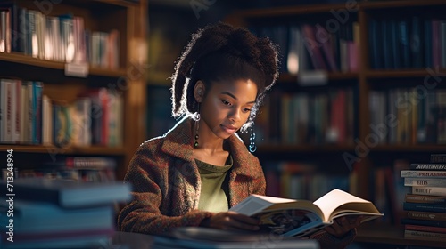 Woman Sitting in Library Reading Book, Serene Leisure and Intellectual Pursuit, Black Man History