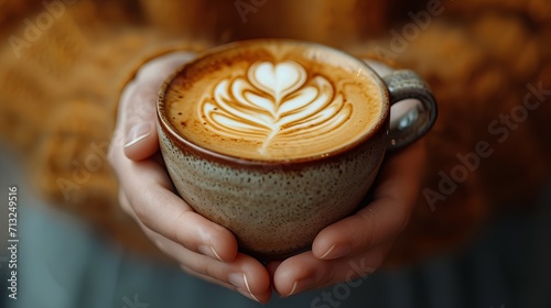 Holding a cup of coffee with heart shape, copy space