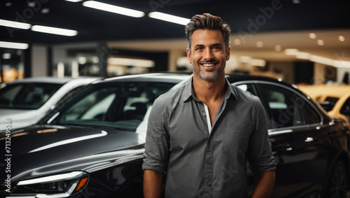 happy fun man customer male buyer client wearing shirt open door get into black car choose auto want to buy new automobile in showroom vehicle salon dealership store motor show photo