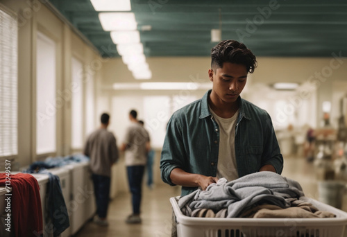 Male students doing laundry in dormitory