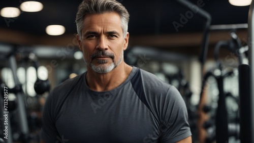 Portrait of a handsome middle-aged man in sportswear at the gym