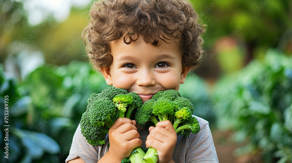 Child eats broccoli. selective focus. Generative AI, - obrazy, fototapety, plakaty 