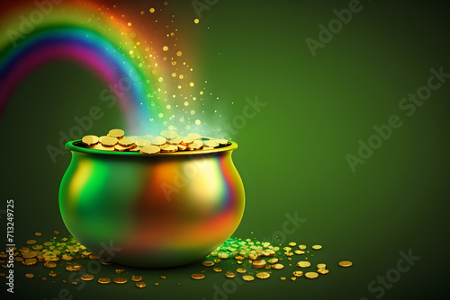 pot of gold coins with a rainbow on a green background. st patrick's day