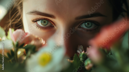 Close-up of a young woman's face covering her face with flowers. Portrait of a woman with natural makeup. Summer lifestyle. Blurred background, selective focus. photo