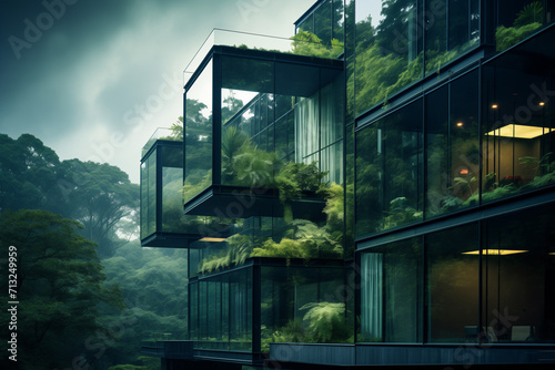 Eco-friendly building, Sustainable glass office building with plants and tree for reducing carbon dioxide. Office building with green environment, modern Corporate building architecture
