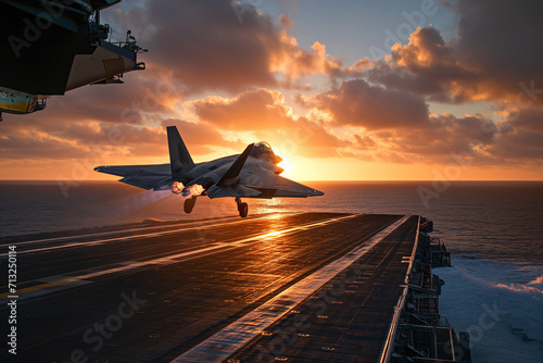 A fighter plane is taking off from an aircraft carrier. photo