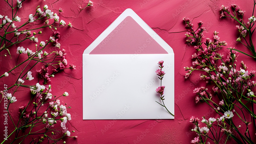 White open envelope and delicate flowers on a crimson background. Small ...