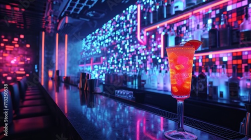 Cocktails in vibrant neon colors on a cyberpunk bar table with empty space  Generative AI.