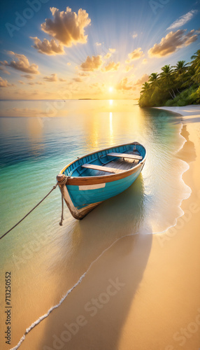 a small boat sits on the beach in sunset of the summer © Jirut