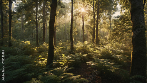Fototapeta Naklejka Na Ścianę i Meble -  Beautiful rays of sunlight in a green forest during foggy atmosphere