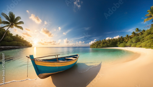 a small boat sits on the beach in sunset of the summer