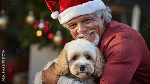 cute middel aged gray haired Santa Claus in a red Santa hat hugging his lapdog pet, against the background of a Christmas tree, Generated AI photo