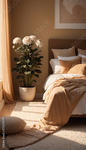 a 3d rendered of a bedroom with flower pot in sunset soft light