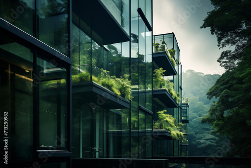 Eco-friendly building, Sustainable glass office building with plants and tree for reducing carbon dioxide. Office building with green environment, modern Corporate building architecture