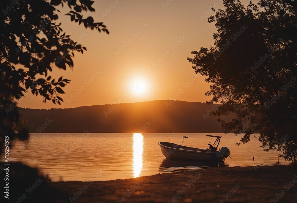 A sunset and a boat after golden hour Calm and relaxation background