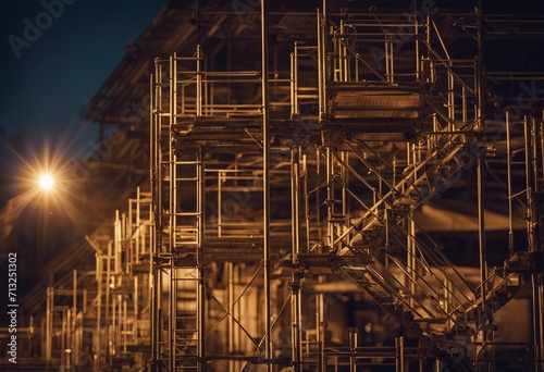 A scaffolding and a ladder in a night time